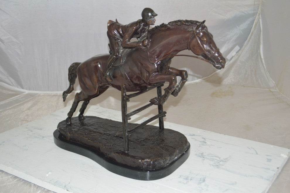 Jockey With Horse Jumping Over Hurdle Bronze Statue Medium  23"L x 10"W x 16"H