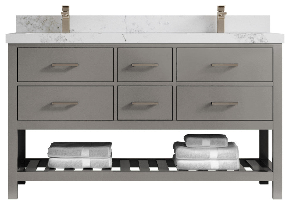 Parker 60 Double Sink Bathroom Vanity in Elephant Skin Gray  2" Calacatta Nuvo