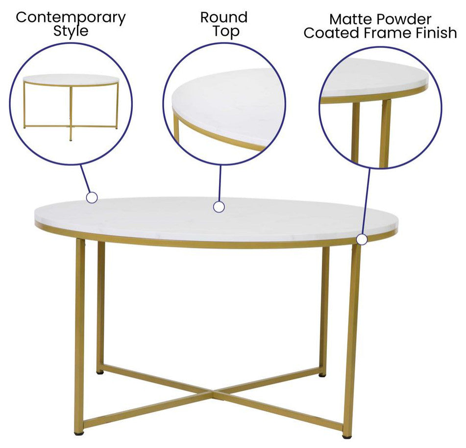 3 Piece Coffee and End Table Set, Crisscross Frame, White Marble and Matte Gold