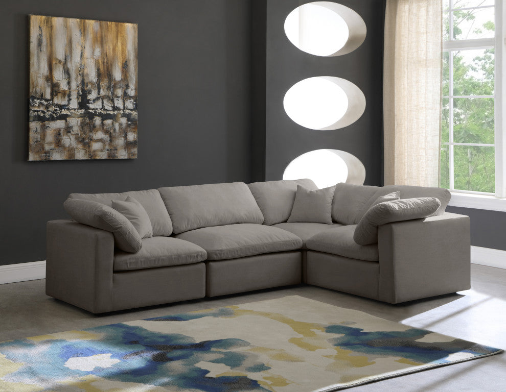Plush Velvet / Down Standard Comfort L-Shaped Modular Sectional, Grey, 4-Piece: 1 Armless Chair, 3 Corner Chair