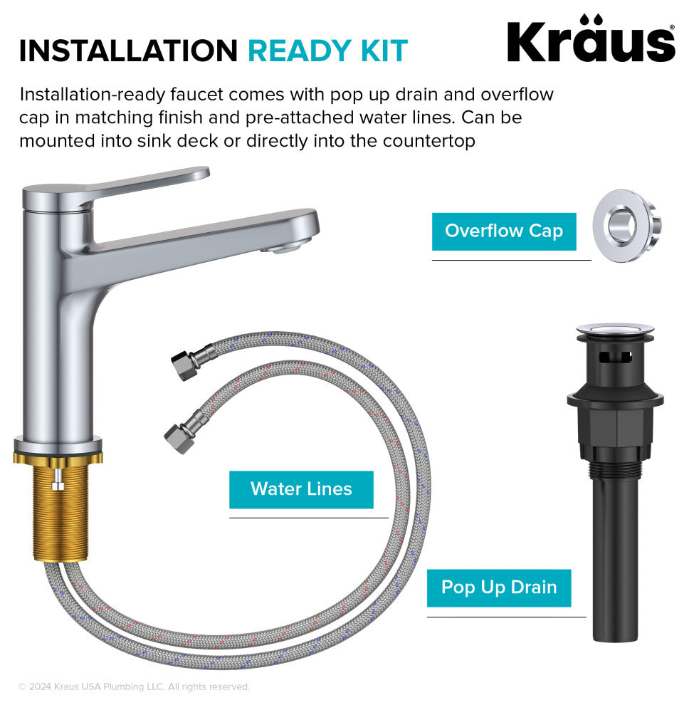 KRAUS Indy Single Handle Basin Bathroom Faucet Chrome, Pop Up Drain