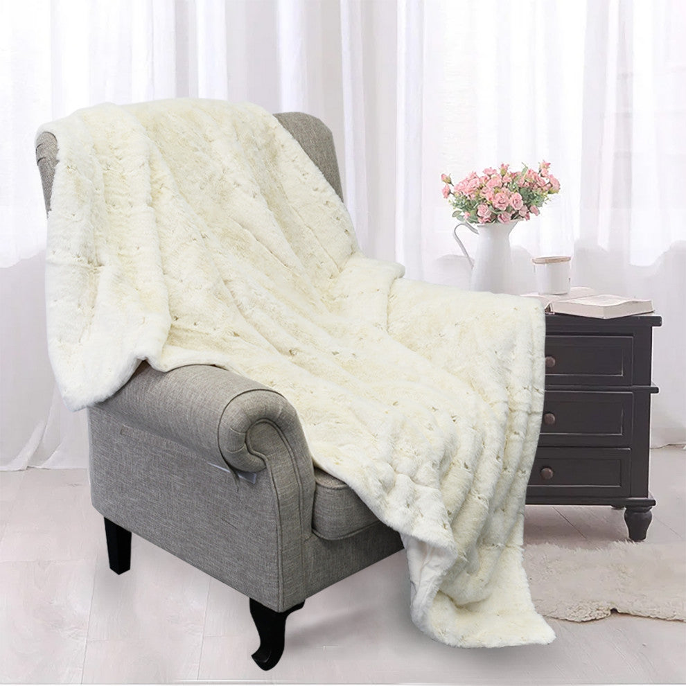 Stitching Jacquard Faux Fur Throw, Antique White, 50"x70"