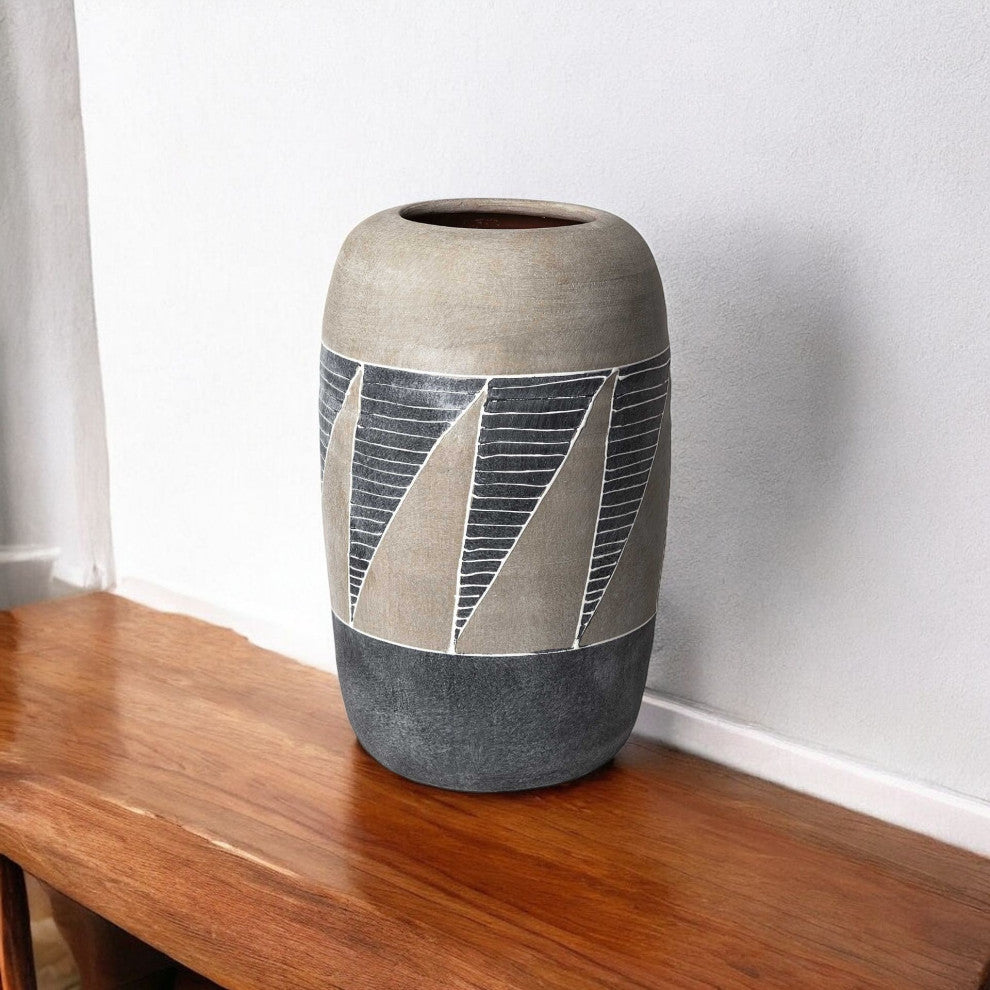 15" Brown And Gray Geometric Tribal Ceramic Table Vase