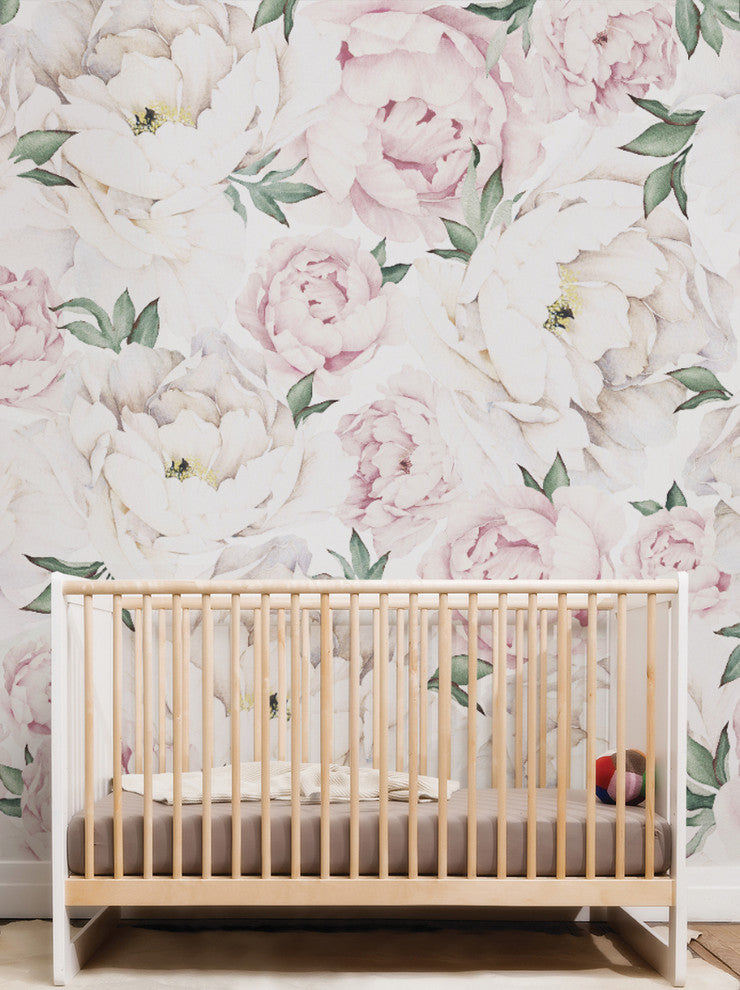 Peony Flower Mural Wall Art Peel and Stick Vinyl Wallpaper, Pink, 24"x