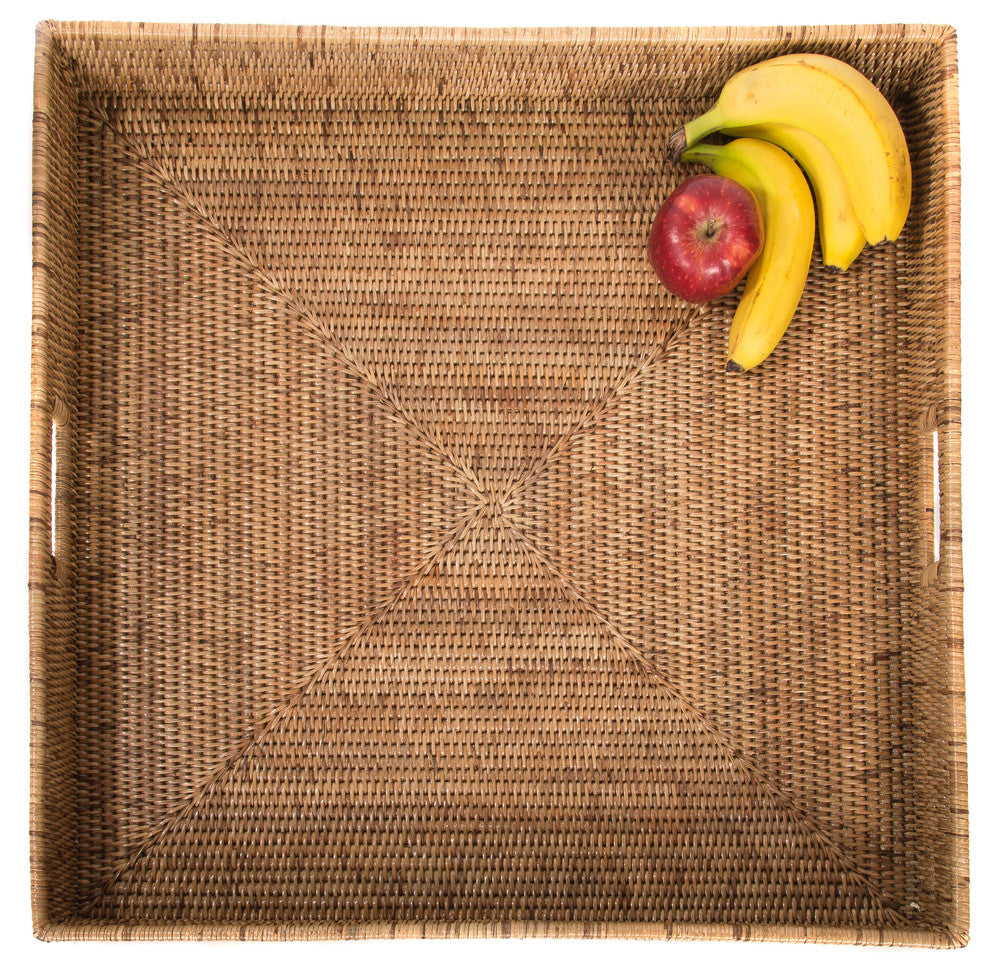 Artifacts Rattan™ Square Ottoman Tray with Cutout Handles, Honey Brown, 20"x20"