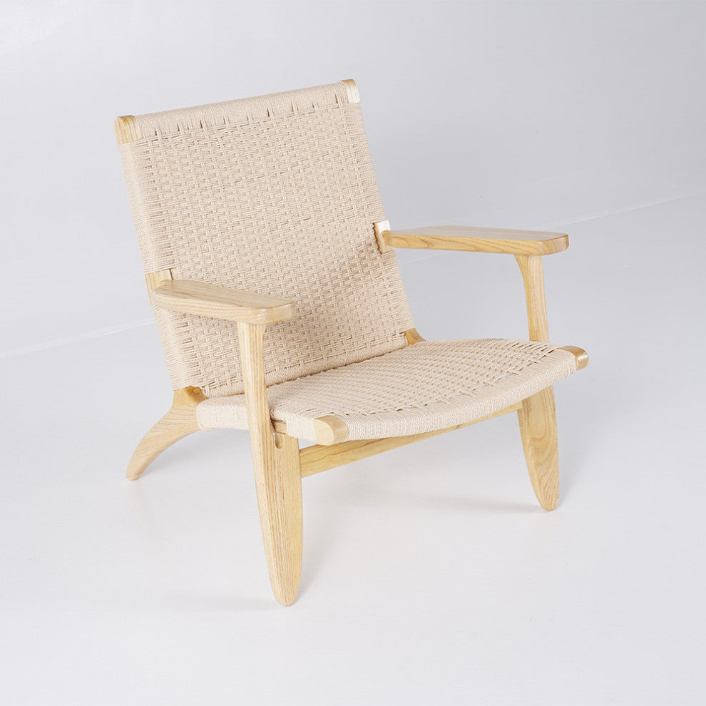 Japandi Wood Outdoor Patio Lounge Chair Armchair Kraft Paper Rope Woven Seat