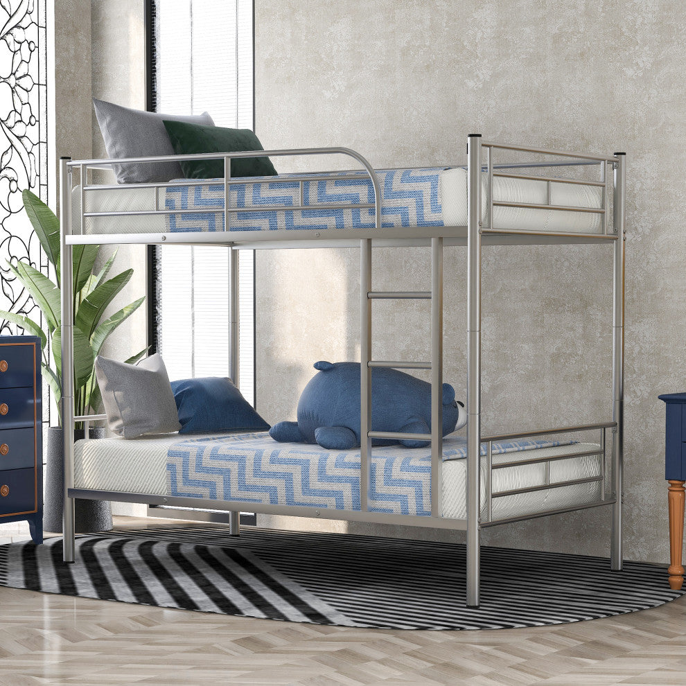 Gewnee Twin Over Twin Metal Bunk Bed with Ladder in Silver