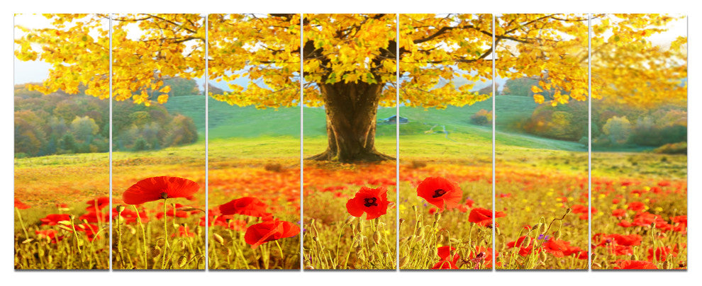 Beautiful Autumn Yellow Tree, Floral Canvas Art Print, 83"x32", 7 Panels