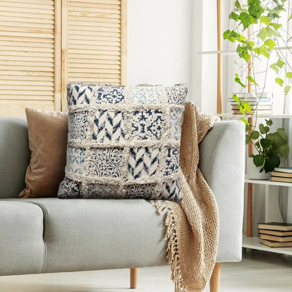 Benzara BM200569 18 x 18 Hand Block Printed Cotton Pillow , Beige and Blue