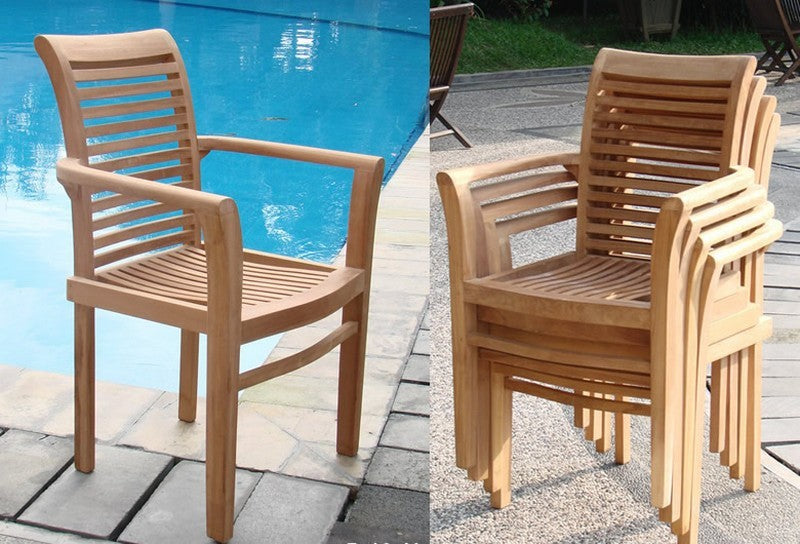 6-Piece Outdoor Teak Dining Set: 60" Round Table, 5 Mas Stacking Arm Chairs