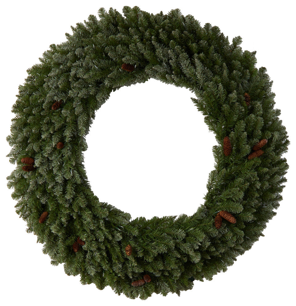 5' Flocked Faux Xmas Wreath W/Pinecones, Clear LED Lights & Bendable Branches