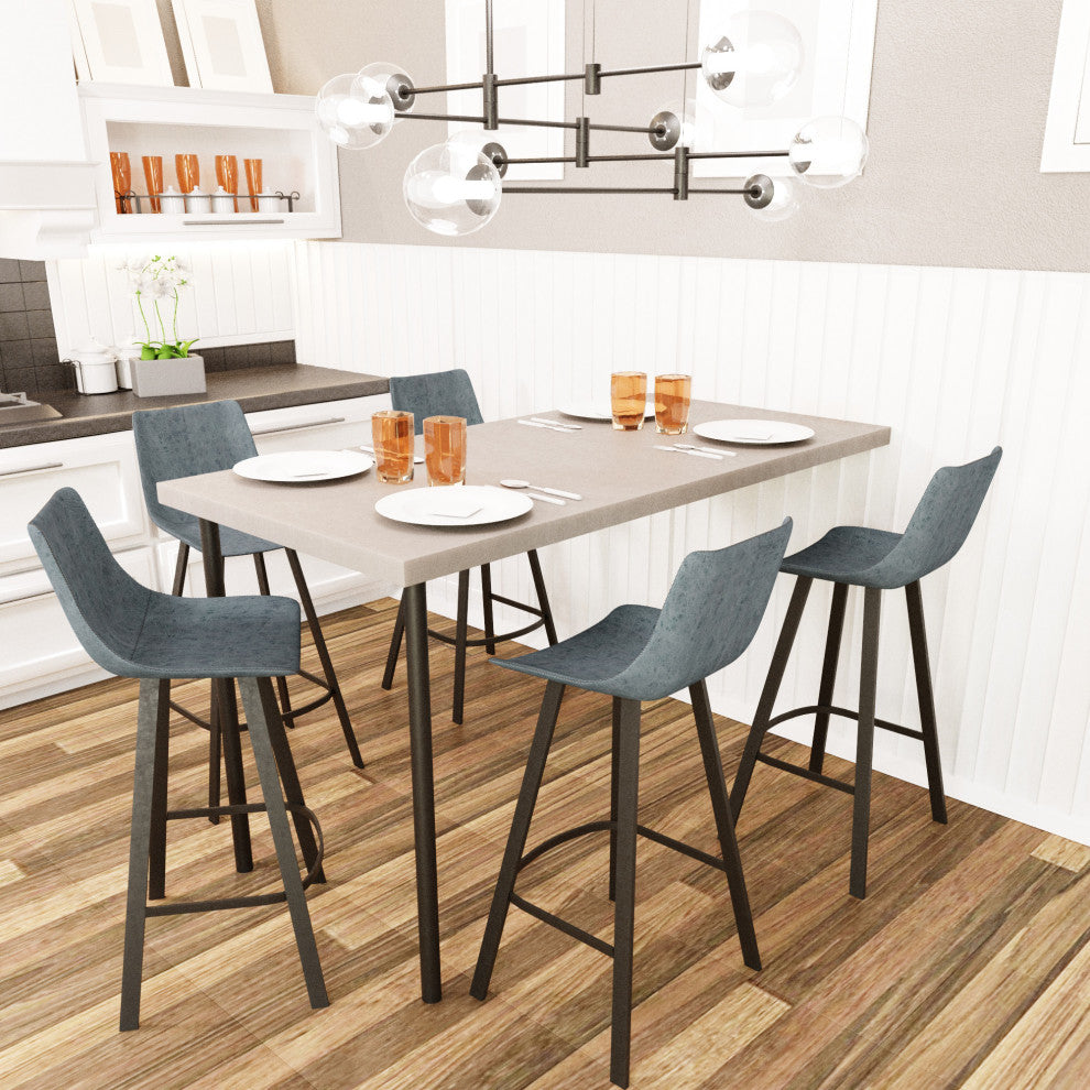 LeisureMod Elland Modern Upholstered Leather Bar Stool Iron Legs, Peacock Blue