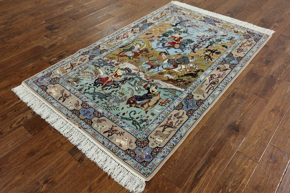 Hunting Scene Wool and Silk Authentic Signed Persian Isfahan Rug, 4'x7'