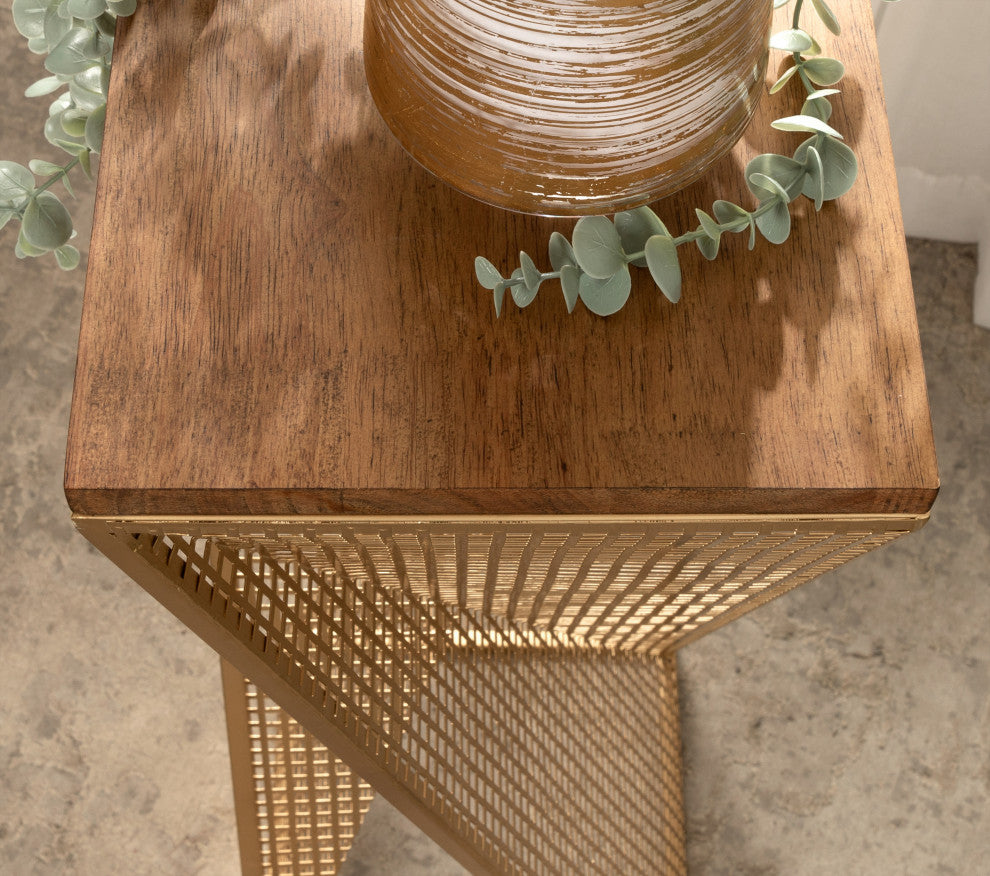 Elita Wood and Metal Pedestal End Table, Rustic Brown/Satin Gold 10x10x30