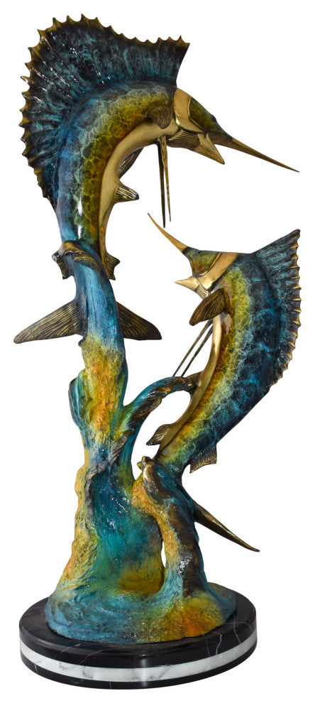 Set Of Intertwined Sailfish and Marlin Colored Bronze Statue  27" x 20" x 47"H