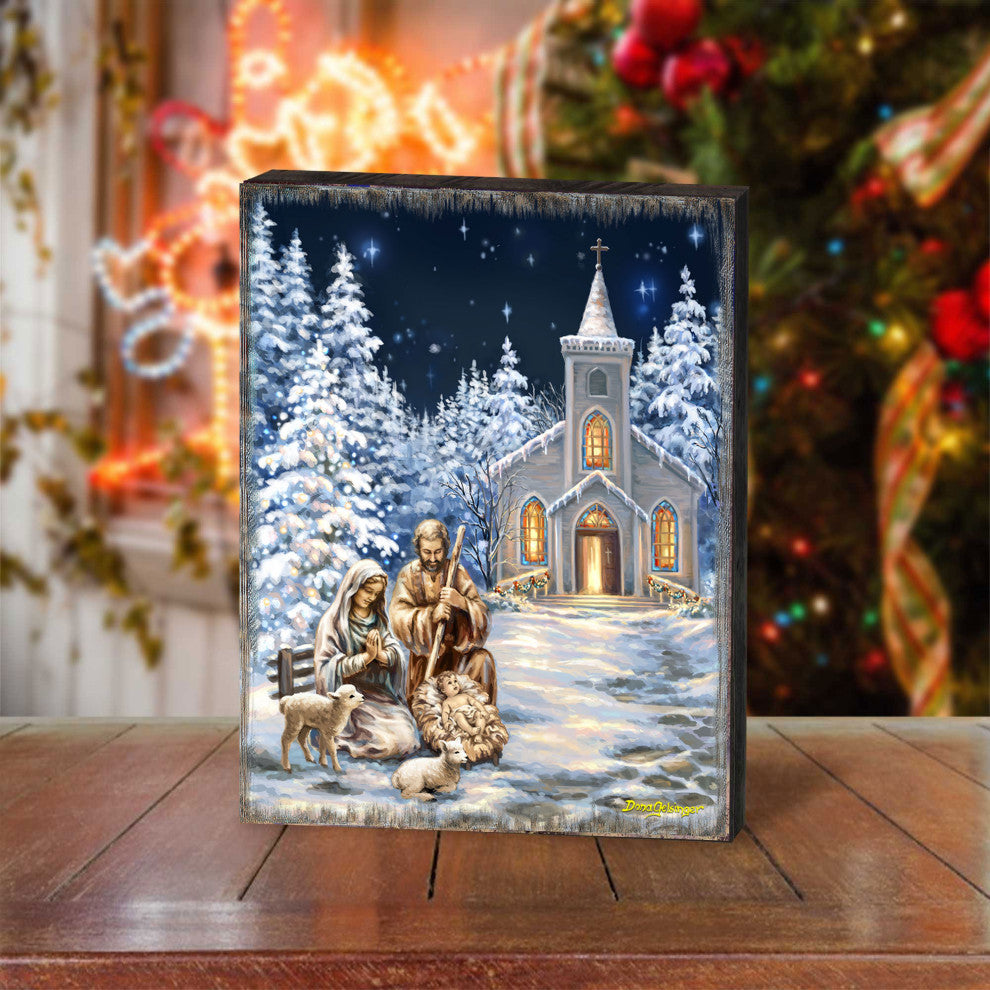Nativity at the Chapel Night Sky Wooden Wall Art, Small 12x9
