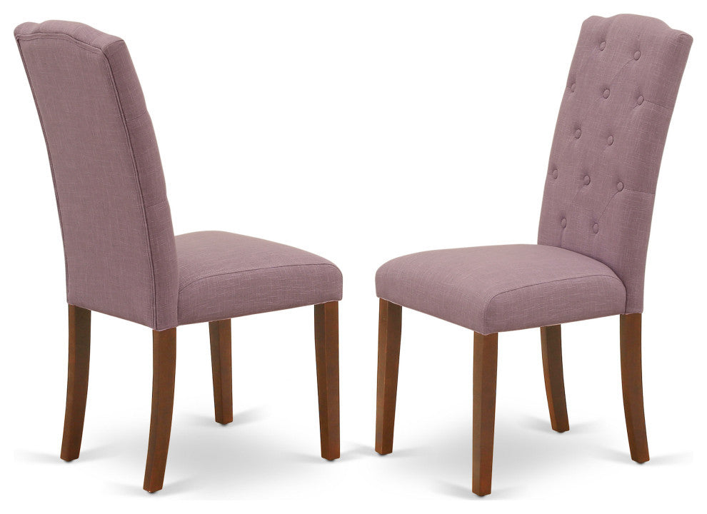 5Pc Dining Set, Round Table, Four Parson Chairs, Dahlia Fabric, Mahogany Finish