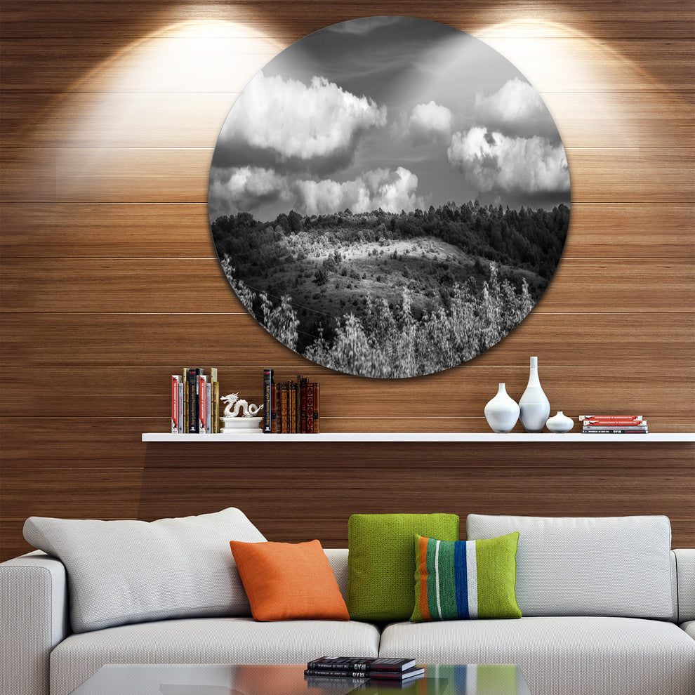 Green Hills Under Cloudy Sky, Disc Metal Wall Art Landscape, 23"