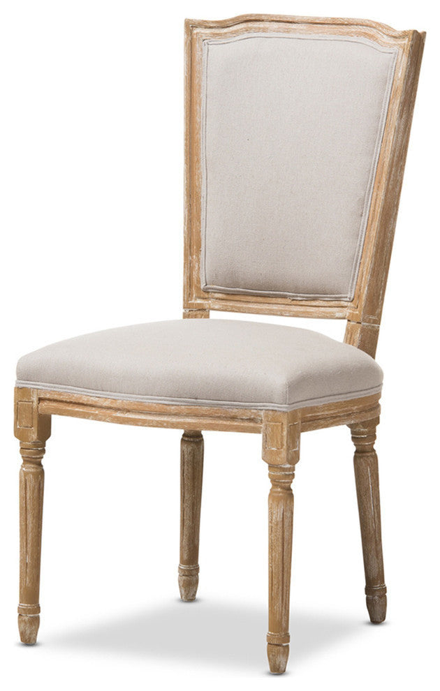 Oak Finish Wood and Beige Fabric Upholstered Dining Side Chair