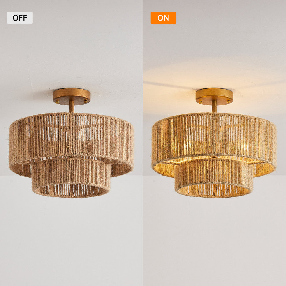 Farmhouse Woven Cage Semi-Flush Mount Lighting, 3-Light