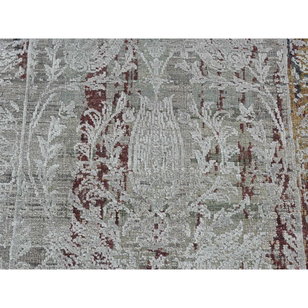 Gray, Erased Tulip Design Silk With Wool Hand Knotted Runner Rug, 2'6"x9'10"