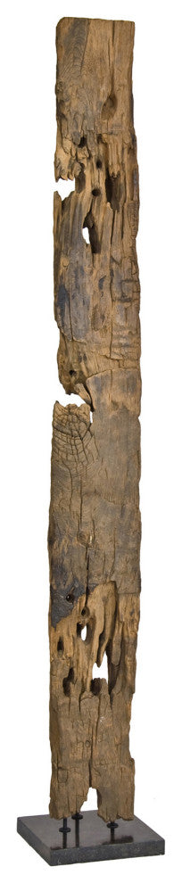 Industrial Hand Carved Teak Wood Panels On Black Marble Stand - Natural