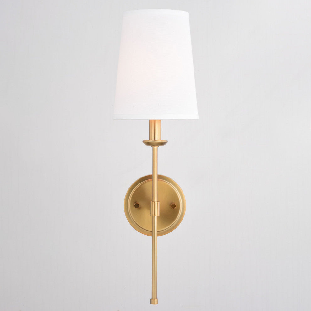Camden 1 Light Gold Natural Brass Wall Sconce Fixture White Linen Fabric Shade