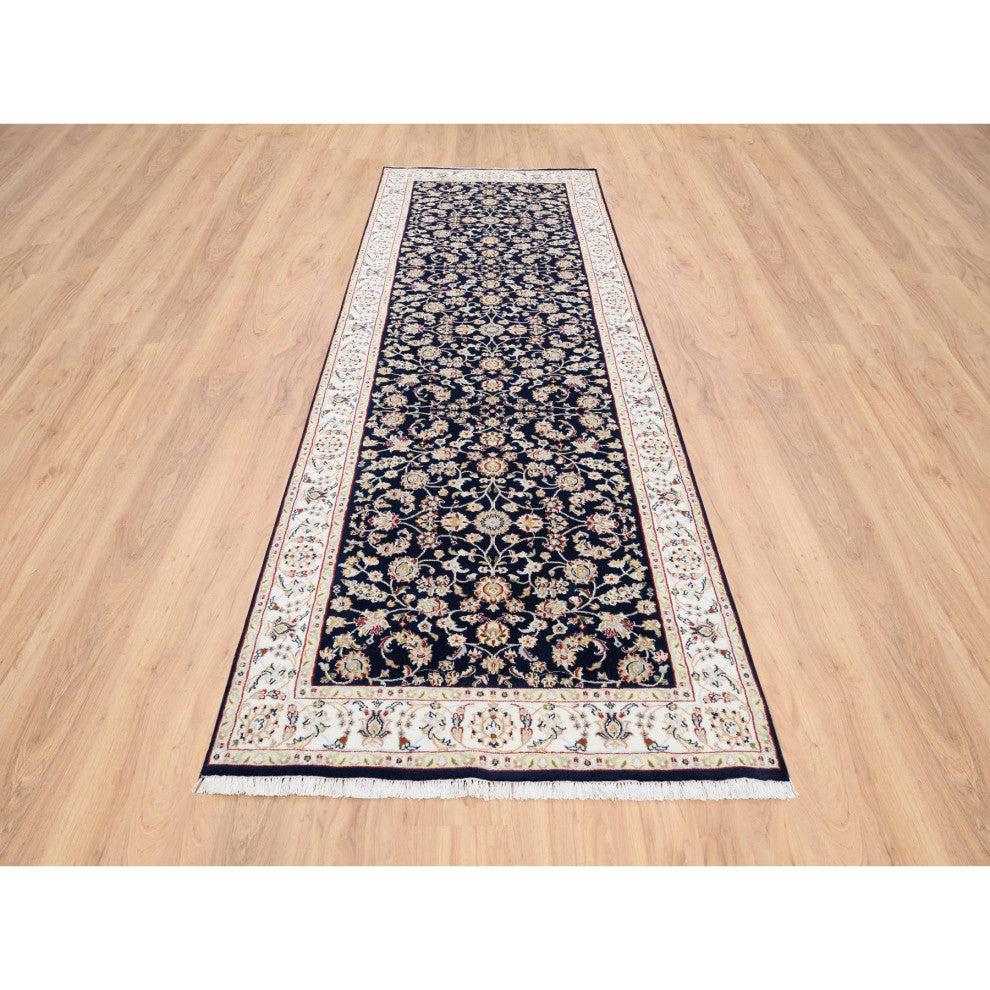 Midnight Blue, Wool and Silk Hand Knotted, Nain Fine Runner Rug, 2'8" x 9'10"
