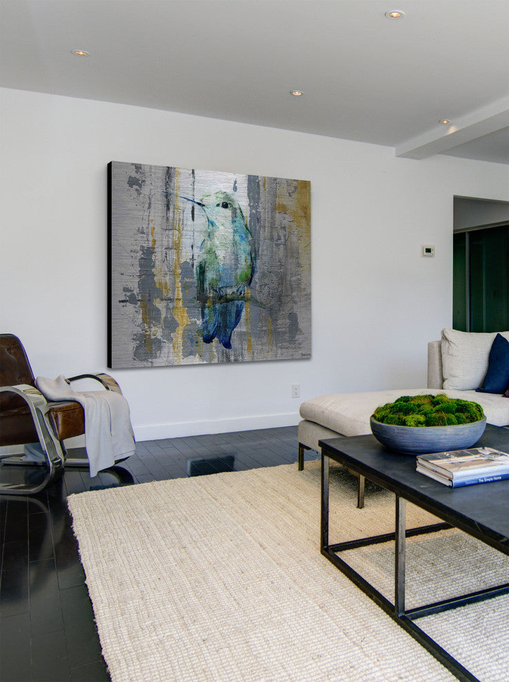 "Blue Songbird" Painting Print on Brushed Aluminum, 18"x18"