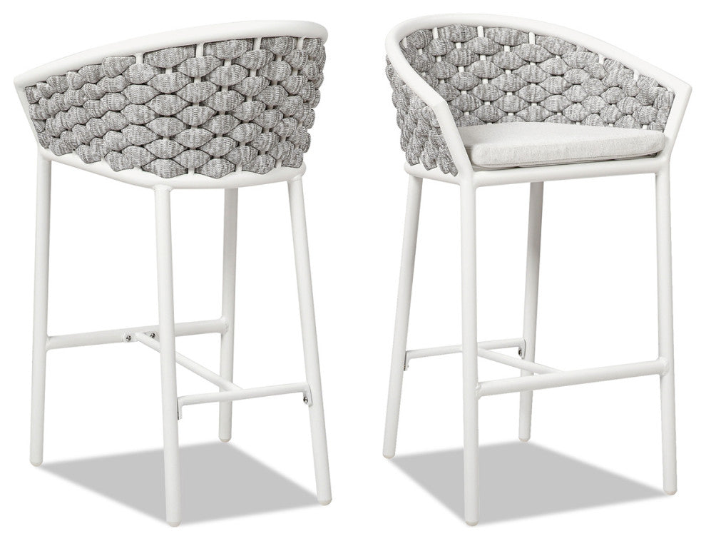Rowan 27.5" Aluminum Rope Barrel Patio Counter Stool, Set of 2, Optic White Acrylic