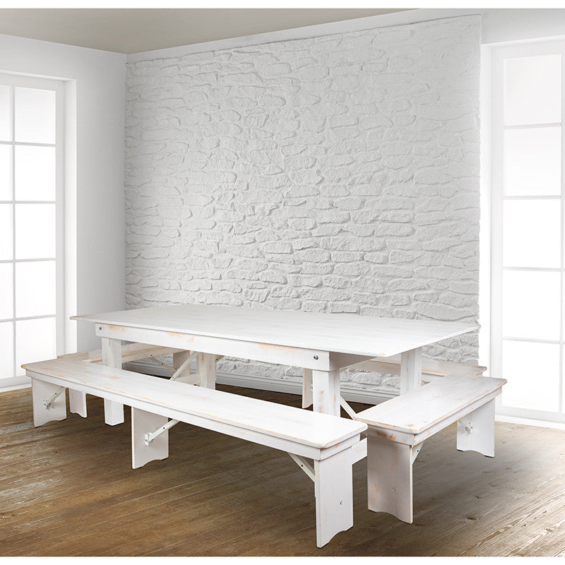 HERCULES Series 8' x 40'' Folding Farm Table and Four Bench Set, Antique White