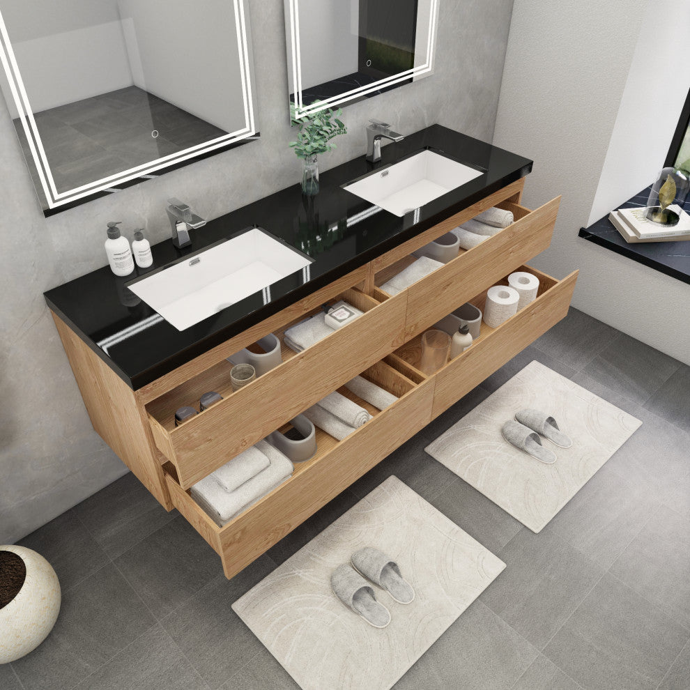 Belli 72" Double Sink Wall Mount Vanity Set, New England Oak, Matt Black Top