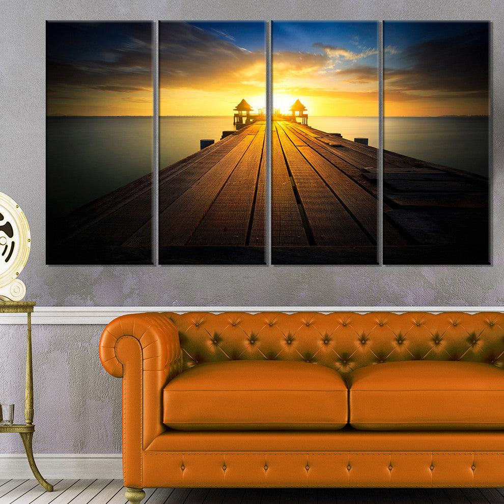"Massive Wood Pier To Sun At Evening" Sea Pier Wall Art, 4 Panels, 48"x28"