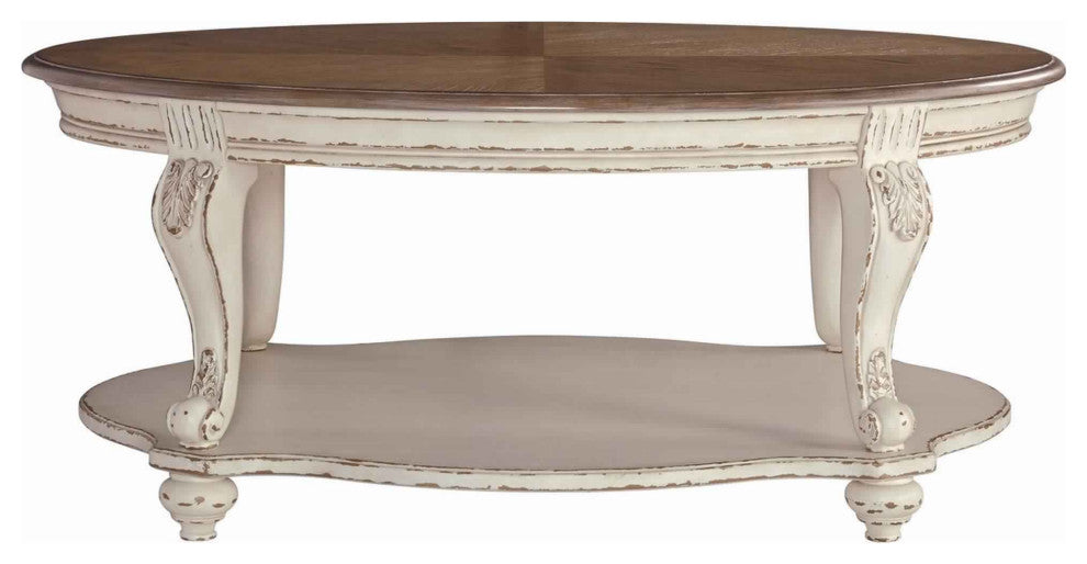 Benzara BM227591 Two Tone Oval Cocktail Table, Bottom Shelf, Antique White/Brown