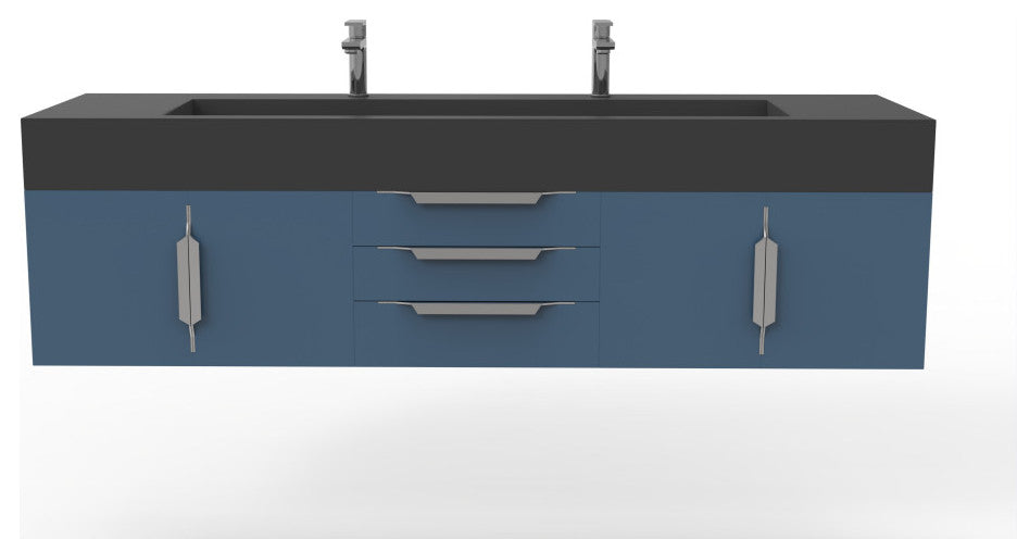 CastelloUSA Nile 72" Wall Mounted Bathroom Vanity Set, Blue, Black Top, Brushed Nickel