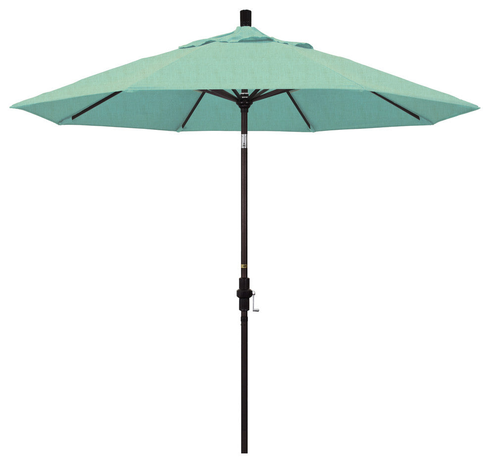 9' Bronze Collar Tilt Crank Lift Aluminum Umbrella, Sunbrella, Spectrum Mist