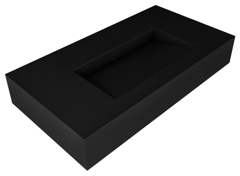 CastelloUSA Pyramid Solid Surface Wall Mounted Ramp Basin Sink, Black, 36", No Faucet Hole