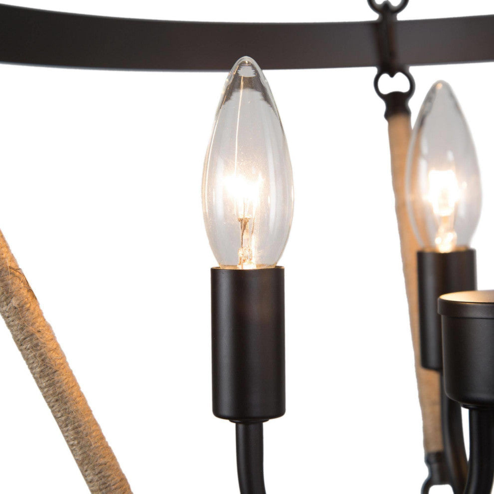4-Lights Hemp Rope Tiered and Matte Black Modern/Farmhouse LED Chandelier