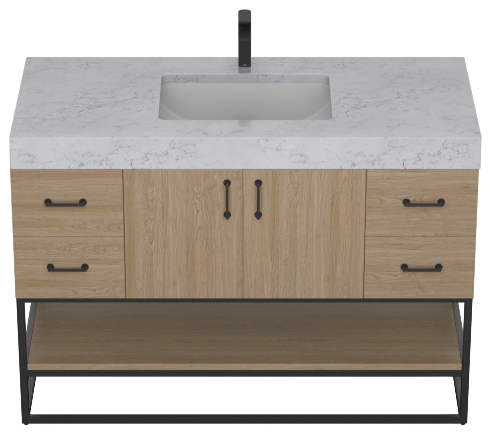 Bahia Bath Vanity, Oak, 48", Matte Black Hardware, Single, Freestanding