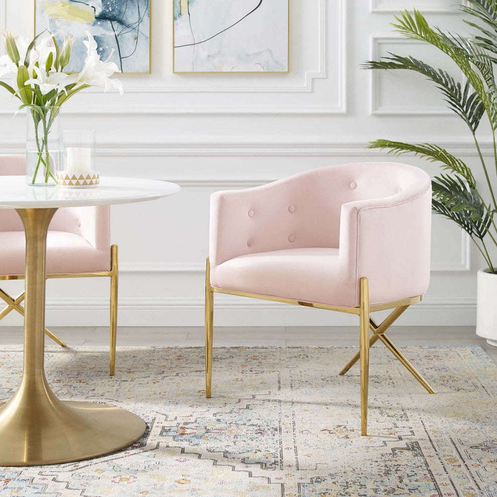 Tufted Side Dining Chair, Velvet, Metal, Pink, Modern, Cafe Bistro Restaurant