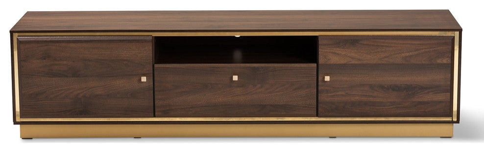 Mid-Century Modern Walnut Brown Finished Wood Gold Metal 2-Door TV Stand