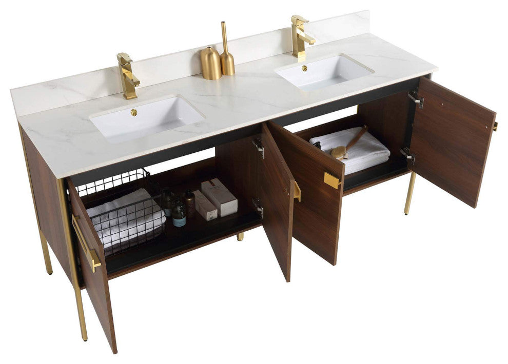 Oakville Bath Vanity, Ceramic Sink, Walnut Ebony, 72 Inch, Satin Brass Hardware