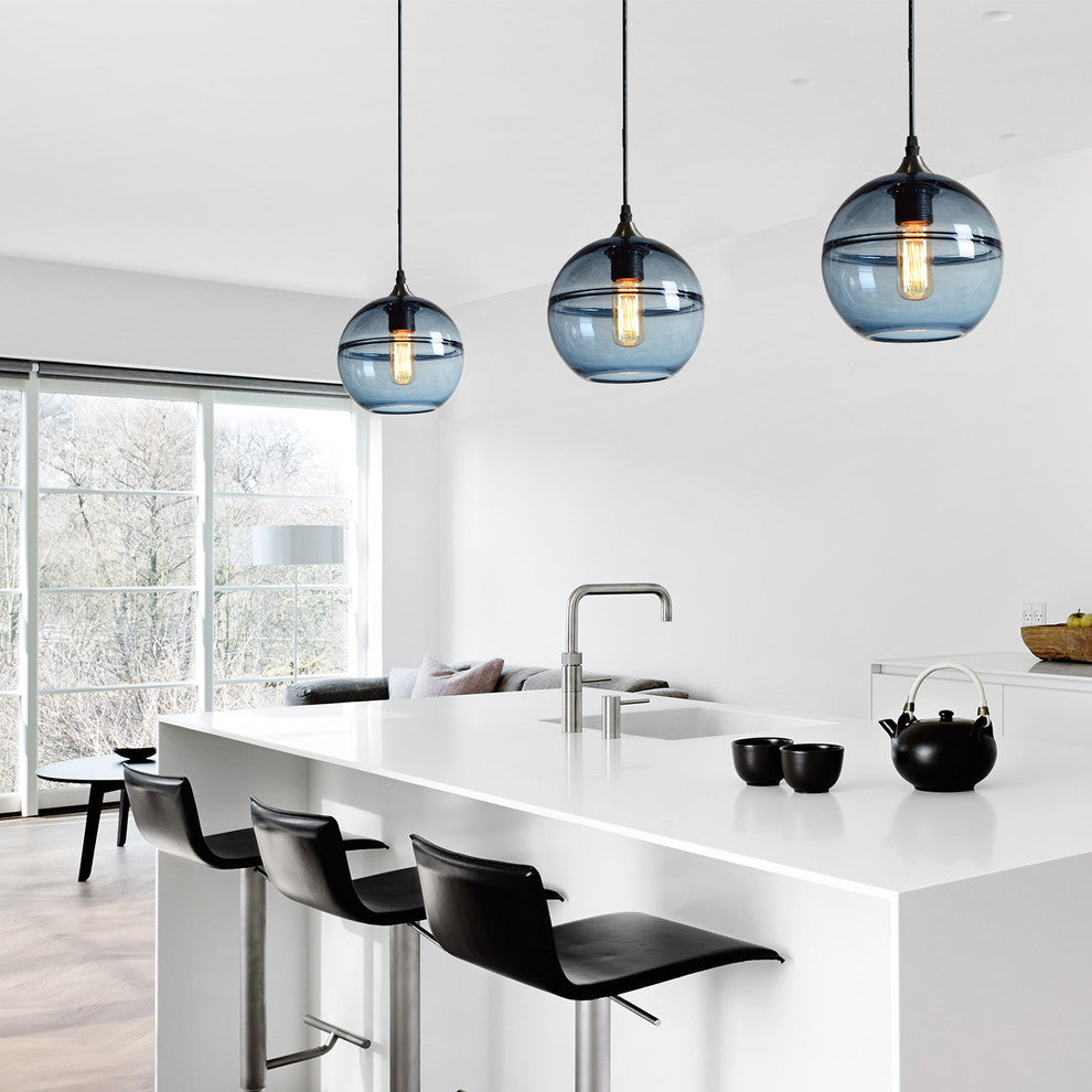 Unique Optic Hand Blown Glass Pendant Lights, Brushed Nickel, Set of 3, Blue