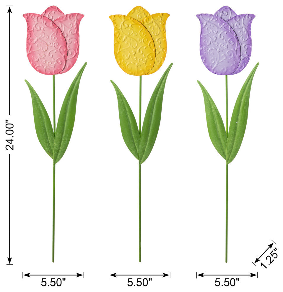 24"H Easter Metal Tulips Yard Stake, 3-Piece Set