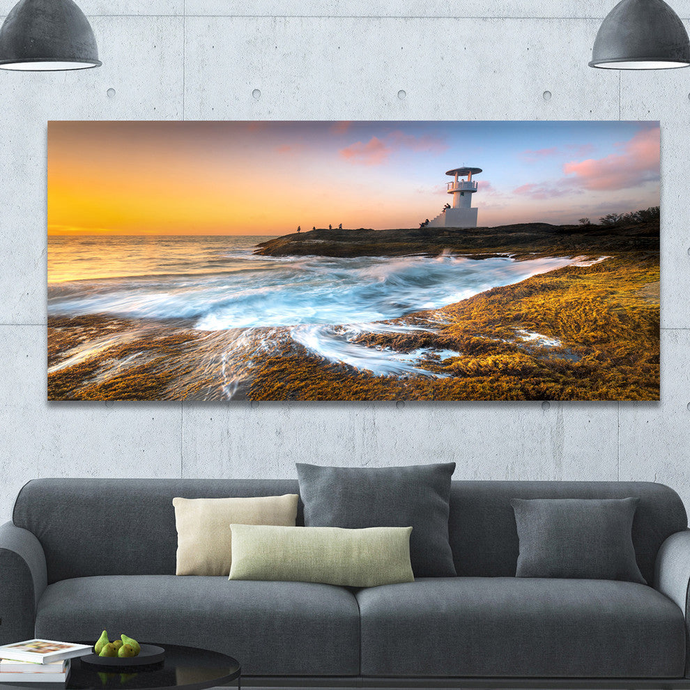 Lighthouse on Beautiful Seashore, Oversized Seashore Wall Art on Canvas, 60"x28"