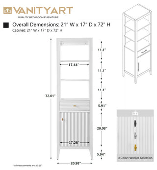 Vanity Art 21" Freestanding Linen Cabinet, Linear White, Matte Black Handle