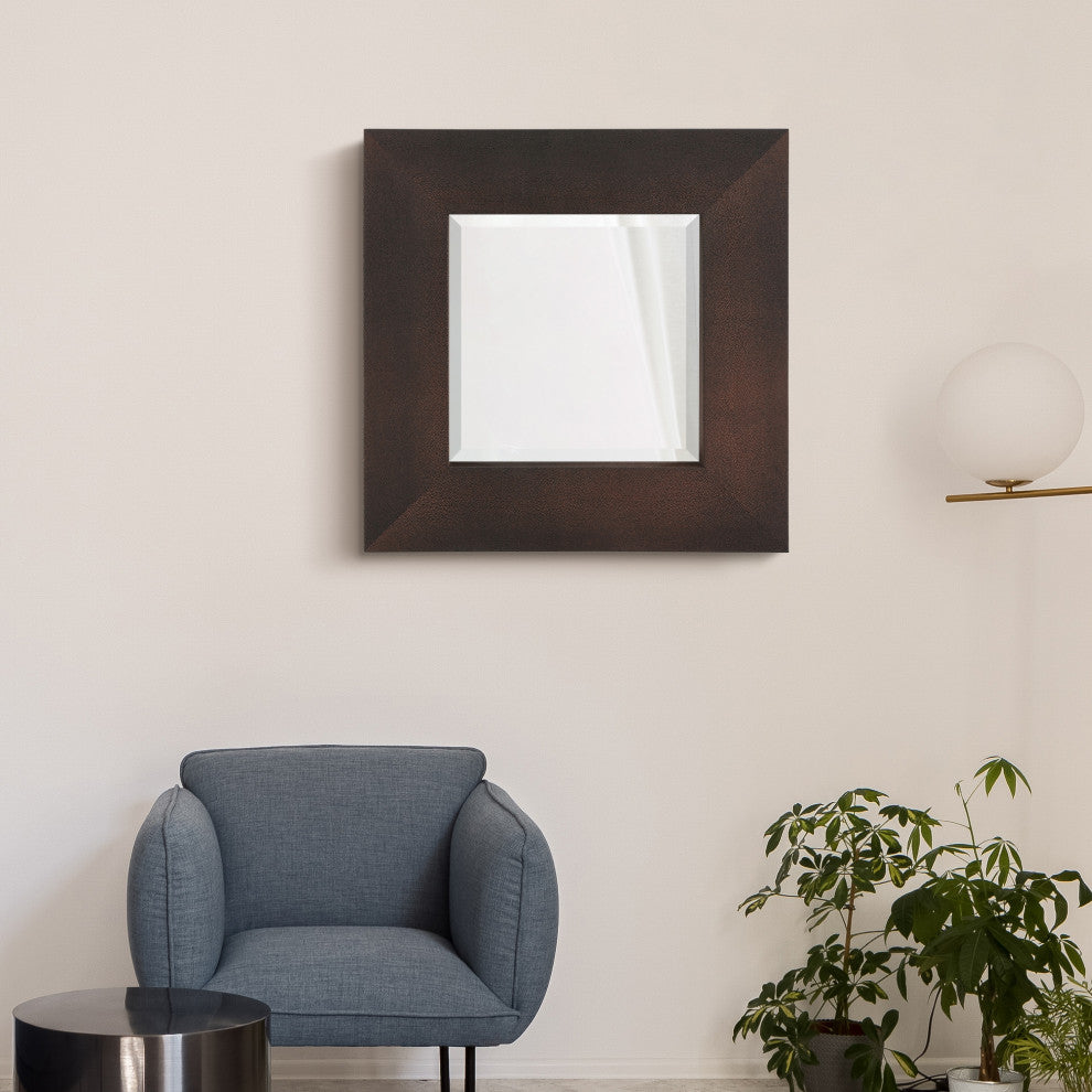 Beveled Wall Mirror, Bronze on Black Metallic Shagreen Leather Framed Mirror