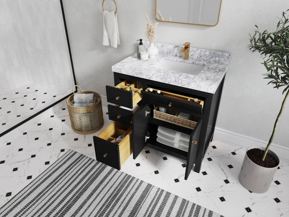Sonoma 36 Right Offset Reeded Bath Vanity in Black 2" Piatra Gray