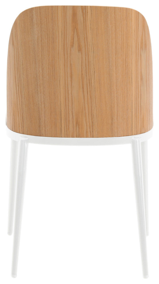 LeisureMod Tule Dining Chair With Upholstered Seat and White Steel Frame, Natural Wood/Beige
