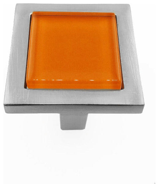 Persimmon Orange Crystal Glass Brushed Nickel Square Manor Knob